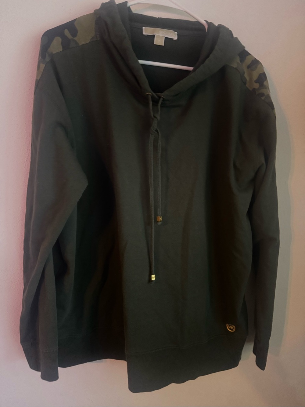 Michael Kors Olive Green Hoodie with Camouflage Shoulder Accents